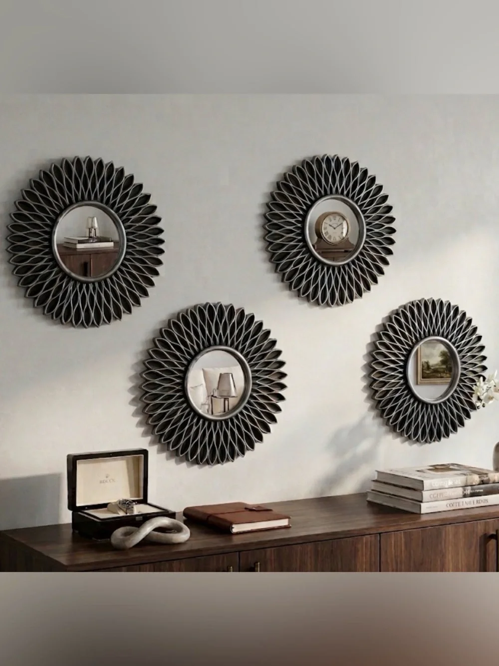 Set of 4 Black Floral Frame Wall Mirrors - Home Wall Decor